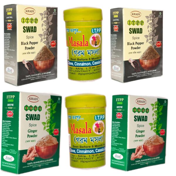 KHADI ITPP SWAD 100% Pure Natural Organic Black Pepper 25gm (2pic)+Ginger Powder 25gm (2pic)+ Gram Masala 10gm (2pic)